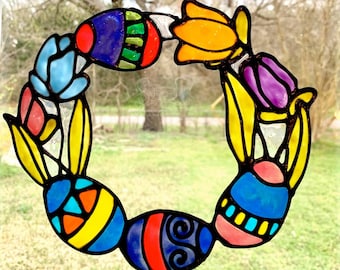 Easter Wreath stained glass look window CLING