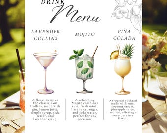 May include: A drink menu with illustrations of three cocktails: Lavender Collins, Mojito, and Pina Colada. Each cocktail is described with a brief description of its ingredients and flavor profile.