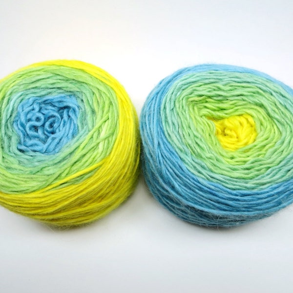 Metamorphosis Yellow-Green-Turquoise Luxury Handdyed Gradient Yarn - 275 yards DK weight merino/baby alpaca/silk yarn