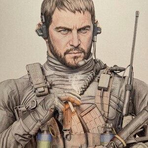 May include: A detailed colored pencil drawing of a bearded soldier wearing a tactical vest, headset, and dark gray long-sleeve shirt. The soldier holds a lit cigarette, with a rifle, radio antenna, and two canisters visible on the tactical gear.