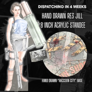 May include: An 8 inch acrylic standee featuring a hand-drawn character in a light blue tube top, grey shorts, and brown boots, carrying a large weapon. The base is a circular acrylic piece with a printed Raccoon City street scene design.