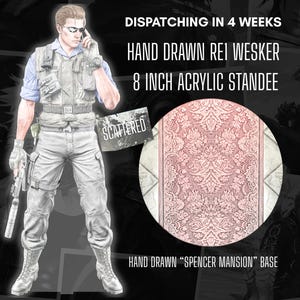 May include: An 8 inch acrylic standee featuring a hand-drawn illustration of a character in a tactical vest, light blue shirt, and cargo pants, holding a firearm. The base is a circular acrylic piece with a pink and white ornate floral pattern.