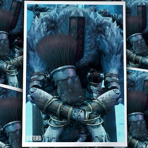 May include: A digital art print featuring a fantasy character holding a large brush. The character is depicted in shades of blue and gray, with intricate details. The brush has a dark handle and a full, dark bristle head. The word "SCATTERED" is visible.