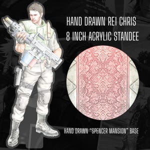 May include: An 8 inch acrylic standee featuring a hand drawn illustration of a character holding a large weapon, wearing a light vest, pants with knee pads, and boots. The standee includes a circular base with a pink damask pattern.