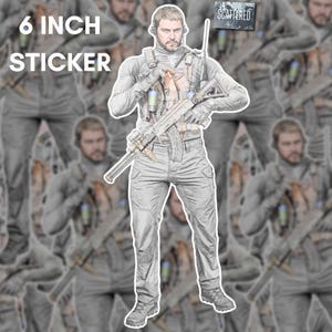 May include: A 6 inch sticker featuring a grayscale illustration of a soldier in tactical gear holding a rifle. The soldier wears a headset and vest, with the text SCATTERED visible in the upper right corner. The design is repeated in the background.