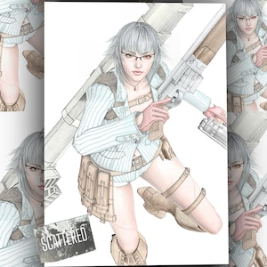 May include: Watercolour illustration of a character with short silver hair, glasses, and a light blue jacket, holding a large gun. The character is wearing a harness and shorts. The image has a "Scattered" logo in the bottom left corner.