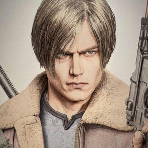 May include: A colored pencil drawing of a person with short, light brown hair and blue eyes. The subject wears a brown leather jacket with a tan shearling collar over a grey shirt. A firearm is held in the right hand, and a strap is visible.