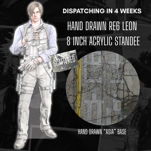May include: An 8 inch acrylic standee featuring a hand-drawn illustration of a character in a light-colored tactical vest, shirt, and pants, holding a handgun. The circular base displays a cracked concrete texture with a yellow line and the text ASIA.