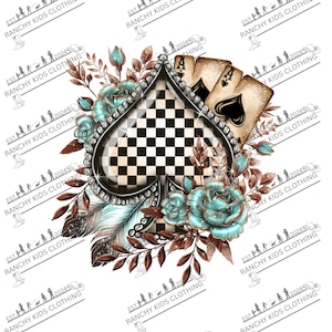 May include: A digital graphic featuring a black and white checkered spade shape, adorned with teal roses, feathers, and playing cards. The cards show the Ace of Spades and two other Aces. The design is set against a white background.