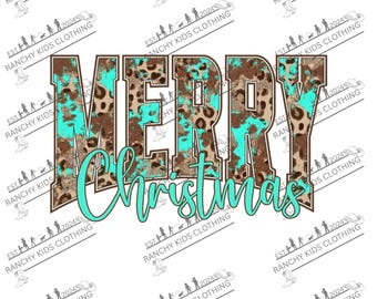 May include: A graphic design featuring the words "MERRY Christmas" in a bold, stylized font. The word "MERRY" has a brown and leopard print pattern with turquoise accents. The word "Christmas" is in turquoise.