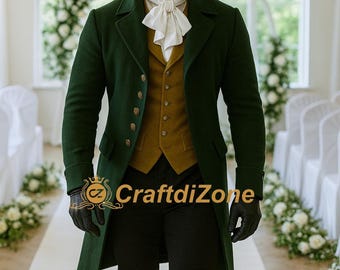 Men's Regency Gentleman’s Green Tailcoat with Mustard Waistcoat –  Formal Attire/ Wedding Tailcoat