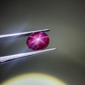 Può includere: Una gemma di rubino stellato color magenta intenso con taglio a cabochon, che mostra un distinto effetto a stella a sei raggi sulla superficie. La pietra di forma ovale è tenuta da pinzette metalliche, mostrandone la qualità traslucida.
