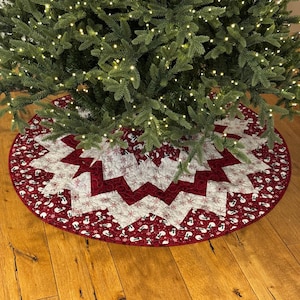 Snowman & Snowflake Pattern | 50&quot; Diameter | Burgundy Cotton | 6-10&#39; Tree | Handmade Quilted Christmas Tree Skirt
