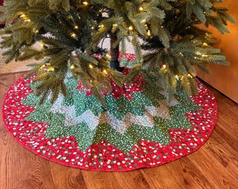 Handmade Quilted Christmas Tree Skirt | Red Polka Dot, Green Chevron, 50 Inch