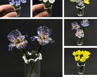 Handgjorda färgade miniglasblommor, födelsemånadsblommor, glasblomma i vas, miniblommafigur, mors dag/födelsedagspresent, glaskonstdekor