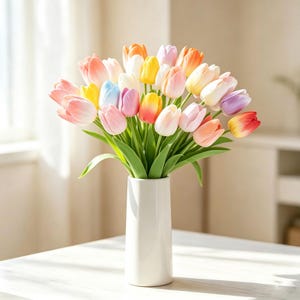 Op de afbeelding: Een boeket kunsttulpen in diverse pastel- en felle kleuren zoals roze, geel, oranje, wit, blauw en paars, geschikt in een hoge, gladde, witte cilindrische vaas met zichtbare groene stelen en bladeren.
