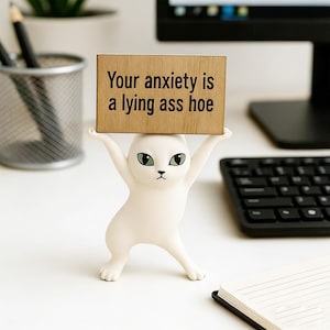 Könnte beinhalten: Eine weiße Katzenfigur, die ein Holzschild mit dem Text "Your anxiety is a lying ass hoe" hält. Die Katze hat grüne Augen und eine schwarze Nase. Das Schild ist rechteckig und aus hellbraunem Holz.