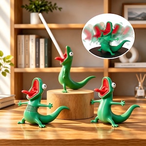 May include: Three green lizard-shaped pen holders with wide-open mouths, red tongues, and large white eyes. One lizard is perched on a wooden cylinder holding a white pen, while the others stand on the surface with spring-like midsections.