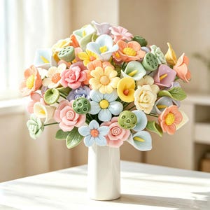 以下が含まれることがあります： ピンク、イエロー、ブルー、グリーンのパステルカラーの造花ブーケ。バラ、カラーリリー、ハスの実の鞘が含まれています。花は、シンプルで滑らかな白い円筒形のセラミック製の花瓶に活けられています。