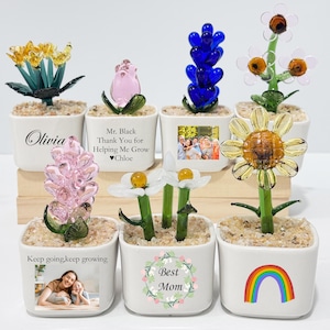 Puede incluir: Una colección de esculturas de flores de vidrio en pequeñas macetas cuadradas blancas. Las flores son de varios colores, incluyendo amarillo, rosa y azul. Algunas macetas tienen texto como "Olivia" y "Best Mom", y algunas tienen fotos.