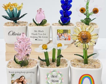 Custom Stained Glass Flowers Ornaments,Perfect gift for Mother's day,Birthday,Anniversary,Glass Flower Pot Sculpture,Cusotm Name/Logo/Photo