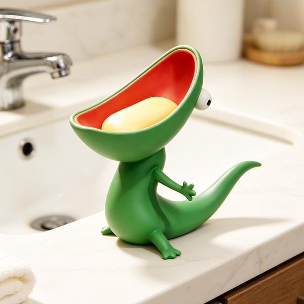 Cute Big Mouth Lizard Soap Dish,Funny Resin/3D Print Lizard Sink Holder,Multi-use Key & Candy Tray,Gift for Animal Lovers,Funky Home Accent