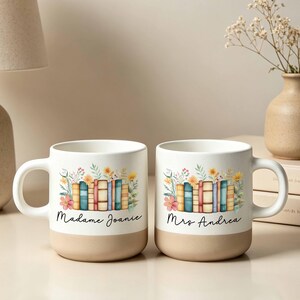 Personalized Floral Books Pottery Mug,Custom Name Bookish Mug,Gift For Reader,Reading Coffee Cup,Book Lover Birthday Gift,Bookworm Gift Mug