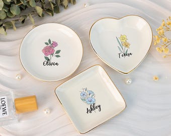 Personalized Flower Jewelry Dish,Bridesmaid Gift,Flower Trinket Dish,Wedding Party Gift,Bridal Shower Gift,Birthday Ring Holder For Women