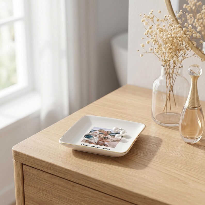 May include: A white square trinket dish with a gold rim, featuring a photo and pearls. The dish has the text "Best mom ever". A clear glass vase with dried flowers and a perfume bottle are on a wooden surface.