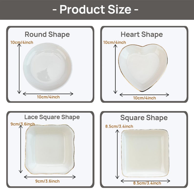 May include: Image showing four white ceramic dishes in different shapes: round (4 inches), heart (4 inches), lace square (3.6 inches), and square (3.4 inches). Each dish has a gold rim and is labeled with its dimensions in inches and centimeters.