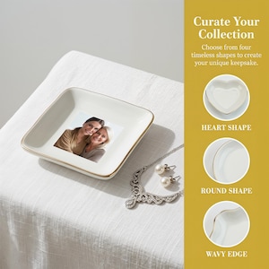 May include: A white square trinket dish with a gold rim, featuring a photo of two women. A silver necklace with pearls and matching earrings are next to the dish. Text on the right says "Curate Your Collection".