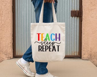 Torba dla nauczyciela | Prezent w podziękowaniu dla nauczyciela | Torba płócienna Teach Sleep Repeat | Urocza torba szkolna dla nauczycieli