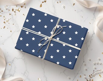 Papier do pakowania w granatową gwiazdę | Papier do pakowania prezentów Celestial | Papier do pakowania prezentów Blue Star | Rolka papieru do pakowania na urodziny, baby shower, święta