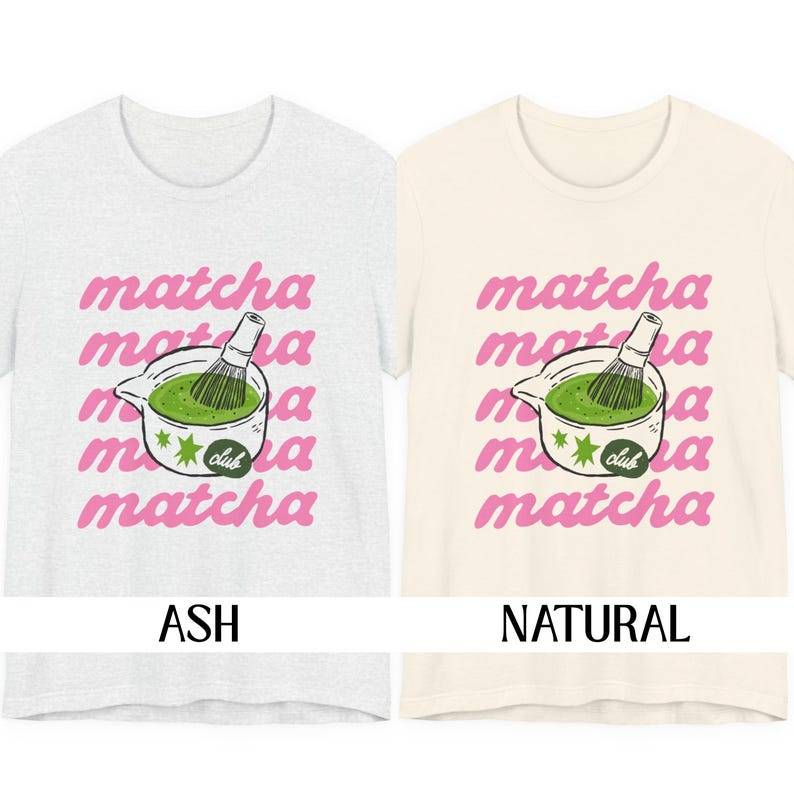 Ash and natural matcha club shirt color options with pink lettering and green drink design for matcha lovers and tea drinkers.