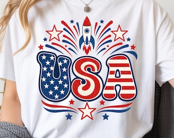 Koszulka Patriotic USA | Koszulka z grafiką z fajerwerkami | Koszulka z okazji 4 lipca | Koszulka w kolorach Comfort, czerwono-biało-niebieskim | Letni strój na imprezę