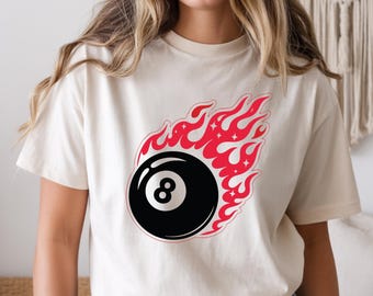 8 Ball Shirt | Billiards Graphic Tee | Flaming Pool Ball Shirt | Retro Pool Hall T Shirt | Vintage Game Night Tee
