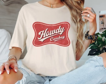 Koszulka z grafiką w stylu western | Koszulka kowbojska | Koszulka Howdy Cowboy w stylu vintage w stylu western | Strój na koncert country | Koszulka z grafiką rodeo