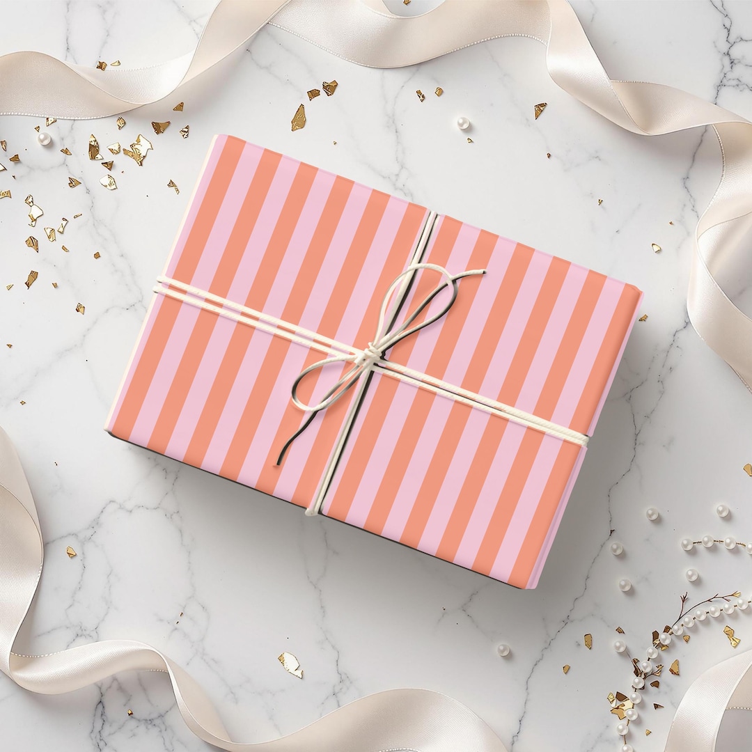Strippy Rapping Paper Coral Pink Stripe Gift Wrapping Paper Roll, Modern Striped Wrapping ...