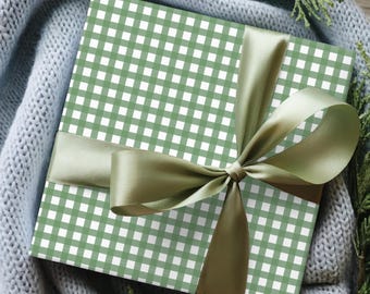 Zielona rolka papieru do pakowania w kratkę gingham | Elegancki papier do pakowania prezentów | Szałwiowo-zielony papier do pakowania w kratkę | Papier do pakowania prezentów Cottagecore
