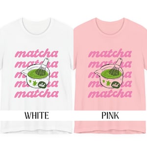 White and pink matcha club shirt color options showing cute matcha graphic design for tea lovers and cafe aesthetic outfits.