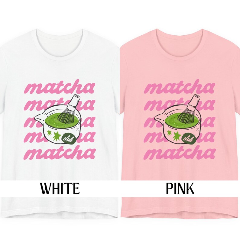 White and pink matcha club shirt color options showing cute matcha graphic design for tea lovers and cafe aesthetic outfits.