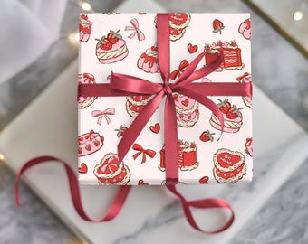 Papier do pakowania tortów walentynkowych | Papier do pakowania prezentów Coquette | Papier do pakowania tortów w serduszka w stylu vintage | Różowy romantyczny papier do pakowania prezentów