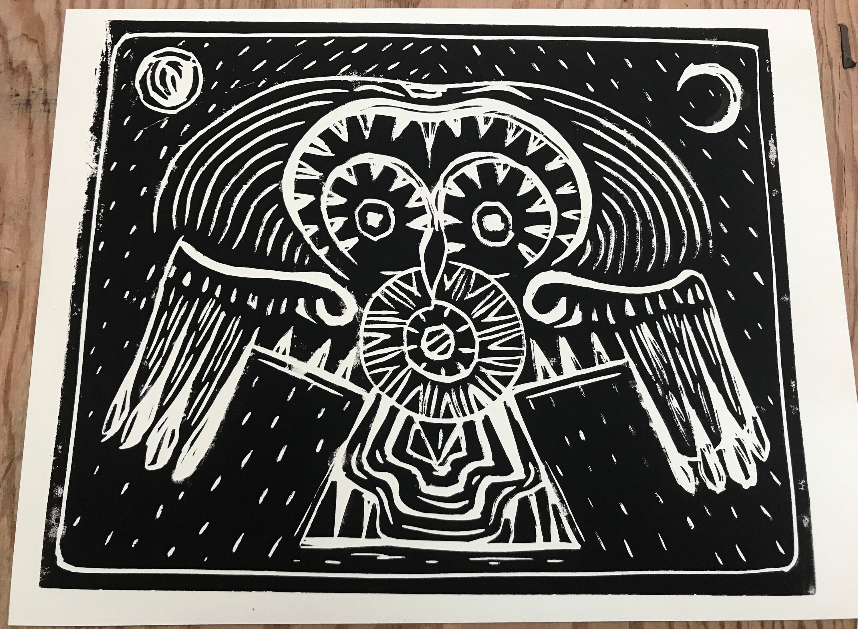 Tecolote Owl lino print
