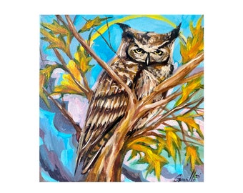 May include: A painting of an owl perched on a branch with yellow leaves. The owl has brown and gray feathers and yellow eyes. The background is a blue sky with a yellow halo around the owl.