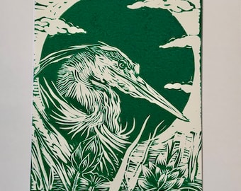 Heron  market DARK GREEN lino block print