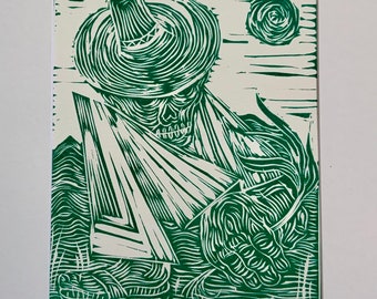 Dia de los muertos campensino / farmer DARK GREEN lino block print