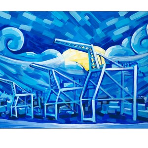 May include: A painting of a blue industrial harbor scene with large cranes and a bright yellow sun in the sky. The sky is filled with swirling blue clouds.