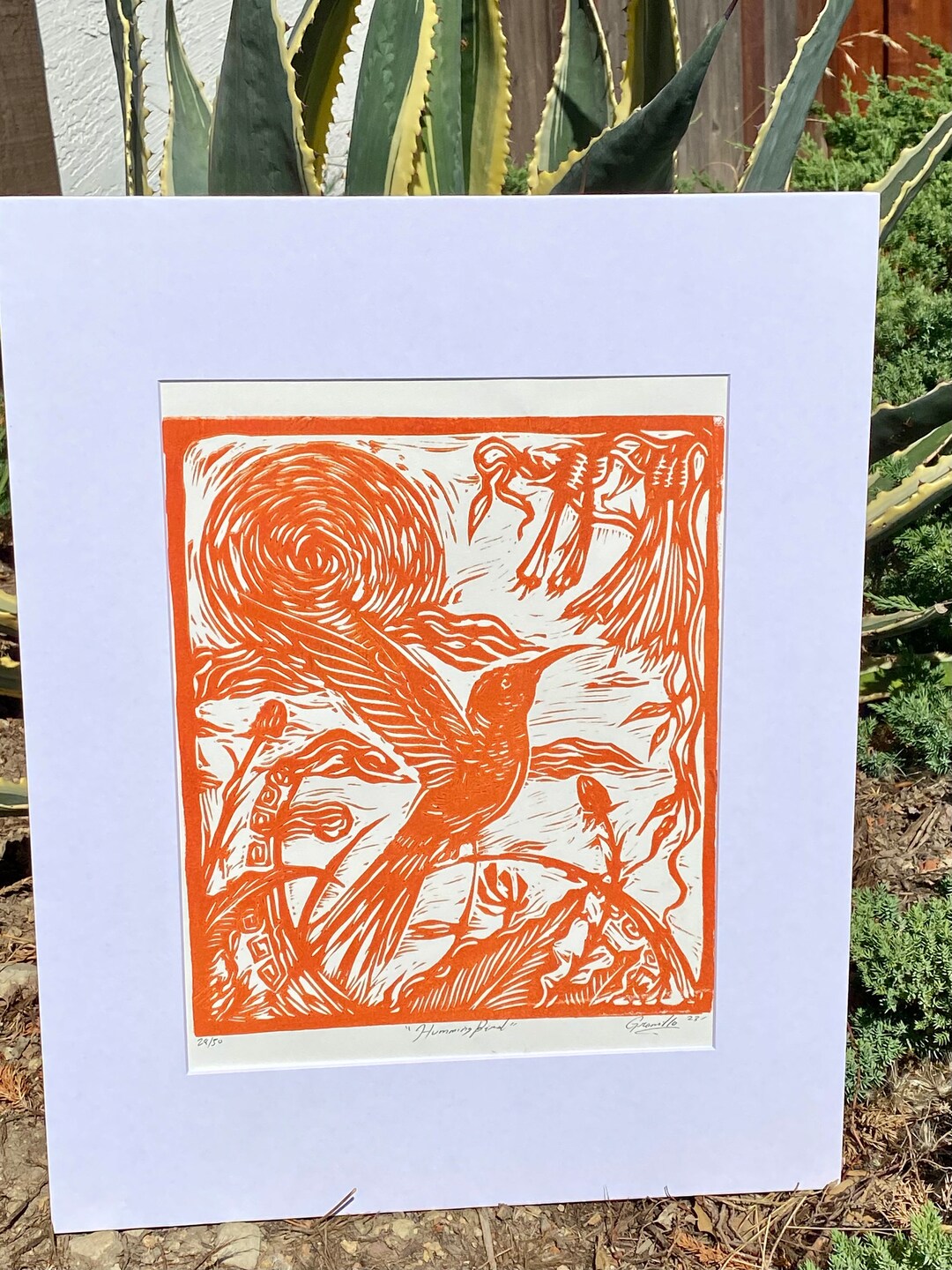 Humming Bird Lino Block Print Pumpkin (orange-warm Yellow ) 16x20 ...