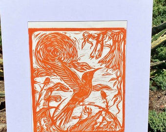 Humming bird lino block print Pumpkin (Orange-Warm Yellow )  16x20”matted