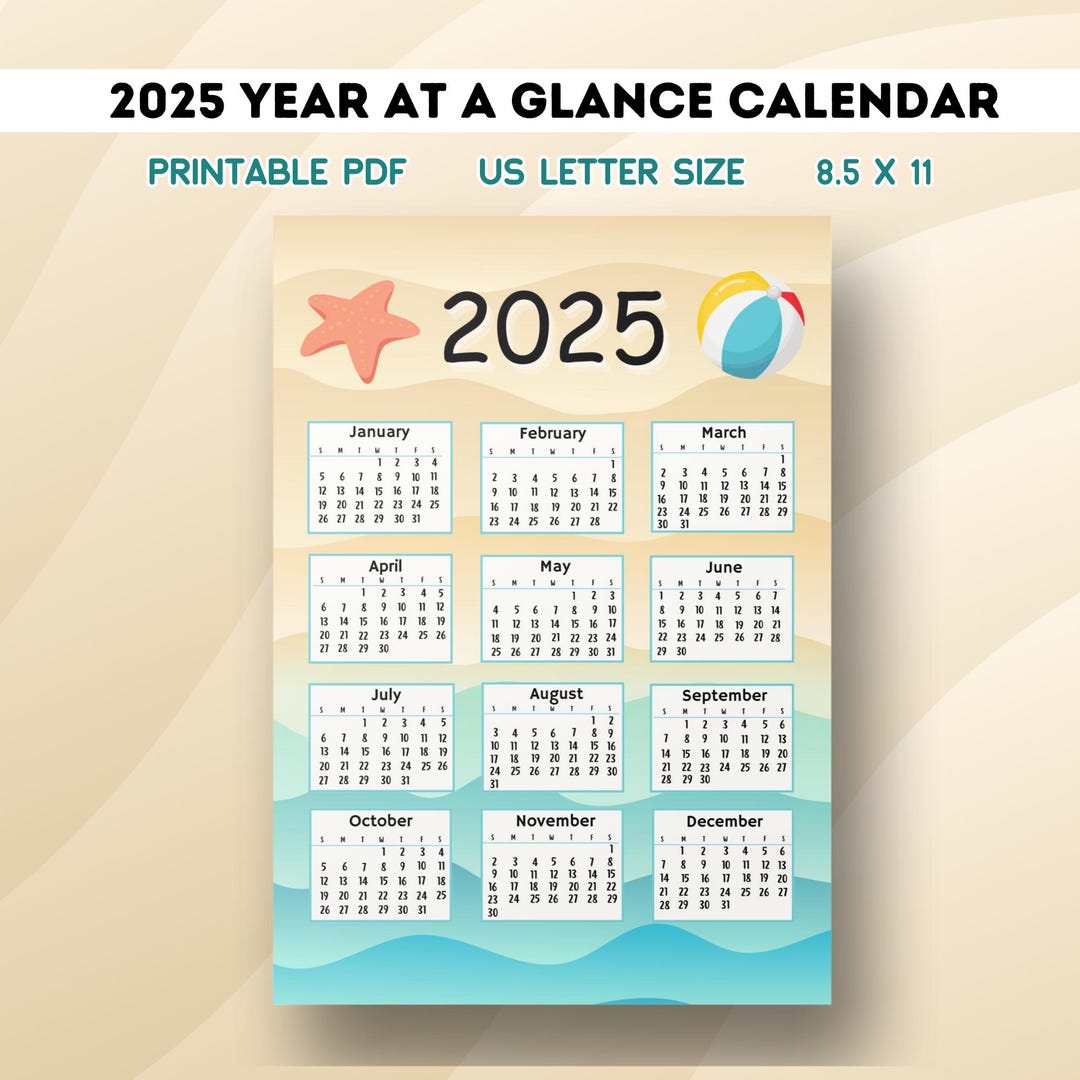 2025 Year at a Glance Printable Calendar, Vertical, Fun Beach Design